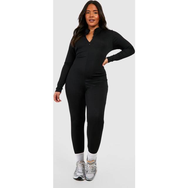 Womens Plus Basic Ribbed Zip Up Skinny Jumpsuit - Black - 16