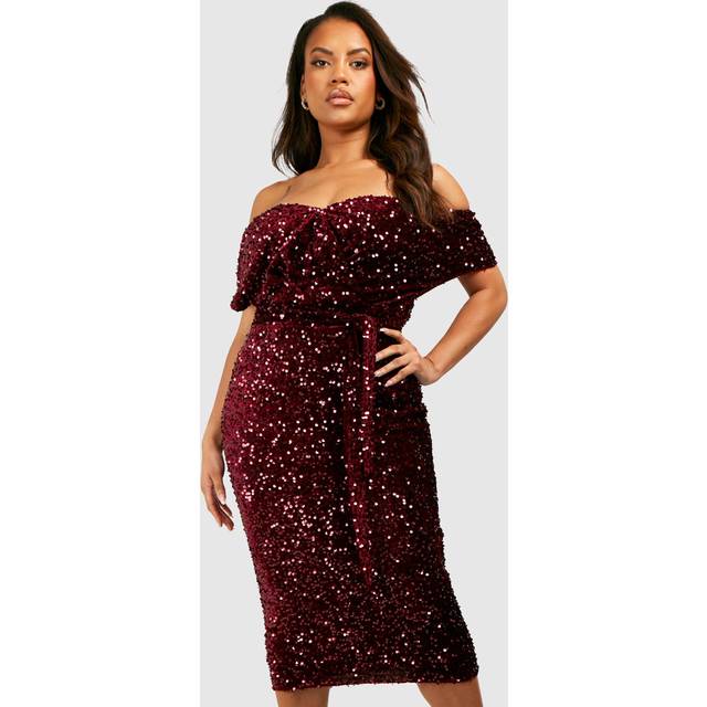 Womens Plus Sequin Off The Shoulder Wrap Midi Dress - Red - 26, Red