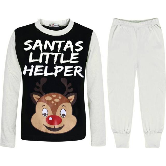 (5-6 Years, White) Kids Girls Boys Pyjamas Santas Little Helper Reindeer Contrast Sleeves Xmas PJS