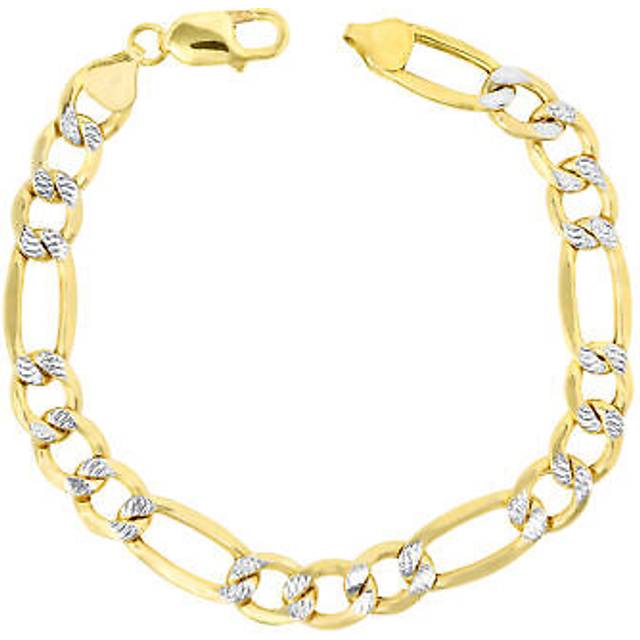 10k yellow gold mens 10mm solid diamond cut pave figaro chain bracelet 8"- 9"