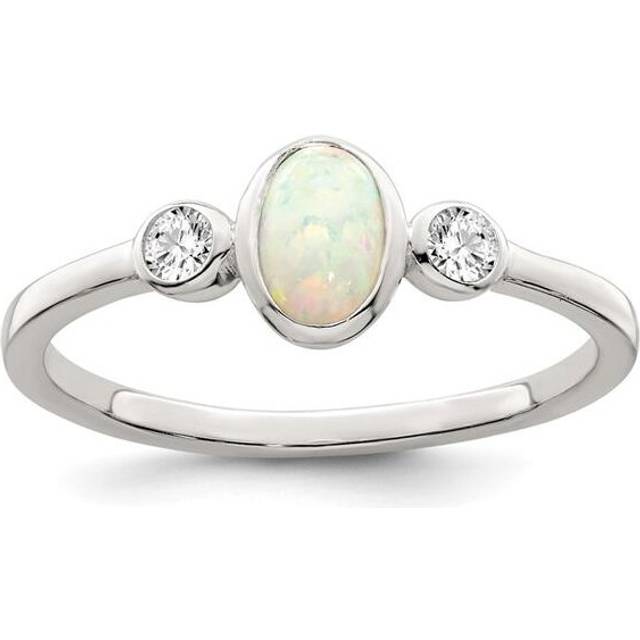 Sterling Silver Polished CZ & White Created Opal Ring - Size 6