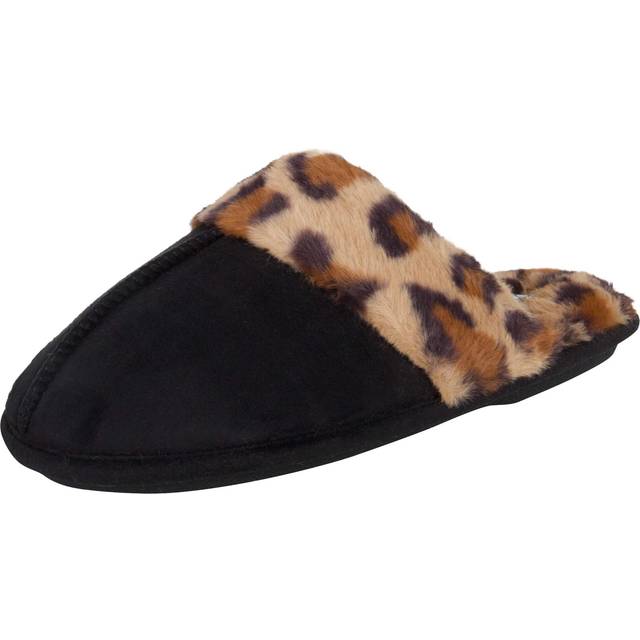 Jessica Simpson Women's Comfy Faux Fur House Slipper Scuff Memory Foam Slip on Anti-Skid Sole  Black/Leopard  Medium