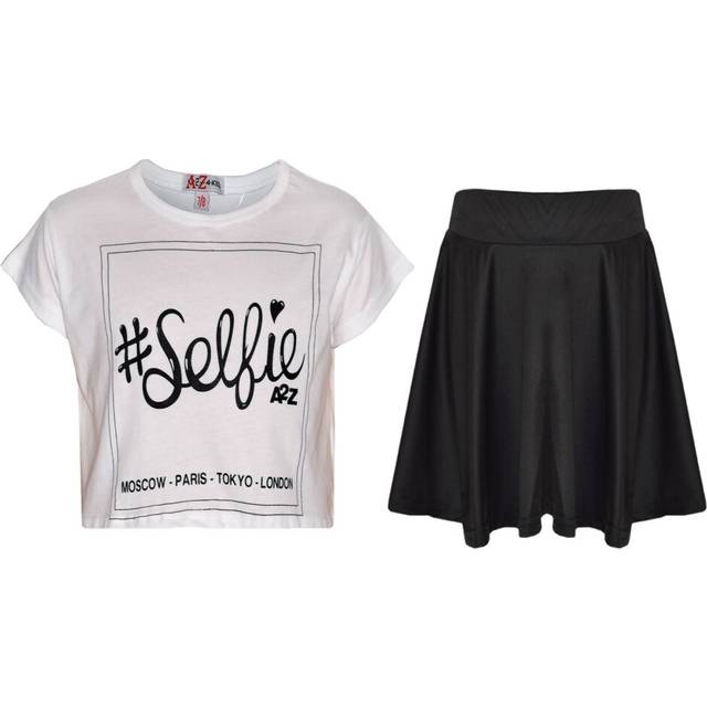 (7-8 Years, White) Girls Top Kids Selfie Print Stylish Crop Top & Skater Skirt Set Age 7-13 Years
