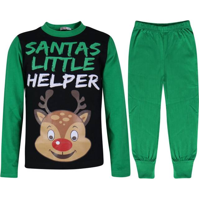 (11-12 Years) Kids Boys Girls Pyjamas Santa Little Helper Green Contrast Sleeves Xmas PJS 2-13