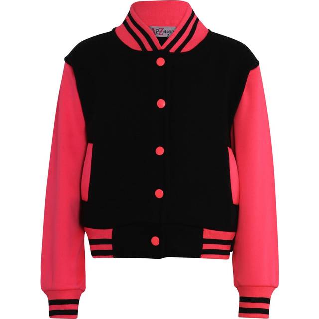 (7-8 Years, Black & Neon Pink) Unisex Baseball Contrast Jacket Varsity Style Coat