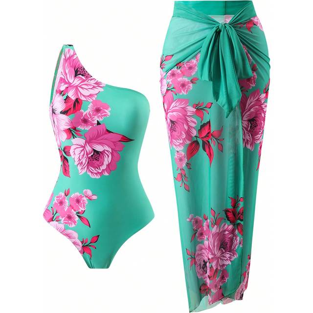 Swim Oasis Women&#39;s Simple One-Piece Swimsuit & Cover Up Skirt Daily Flower Print Summer