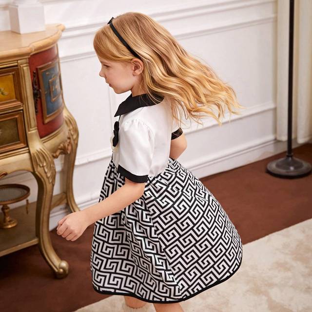 SHEIN Summer Fashion Color Block Printed Patchwork Dress With 3D Flower Decoration For Young Girls