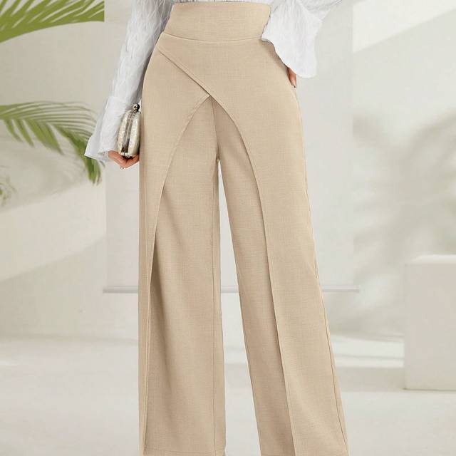 Mulvari Women&#39;s Solid Color High Waisted Wide Leg Pants With Front Panel Coverage For Work Commute