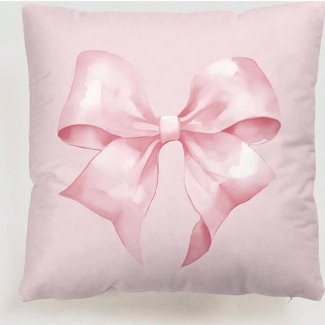 ROMWE 1pc Simple Hand-Painted Romantic Pale Pink Large Bow Pattern Cushion Cover (No Pillow Insert), Printed Velvet Square Pillowcase For Daily Living Room,