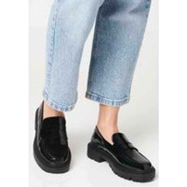 Womens Faith: Nora Faux Patent Leather Snaffle Square Toe Chunky Loafers - True Black - 5