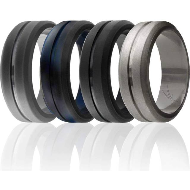 ROQ Silicone Rubber Wedding Ring for Men Men's Wedding Band Breathable Rubber Engagement Band 8mm Wide 2mm Thick Engraved Middle Line 4 Pack Gre