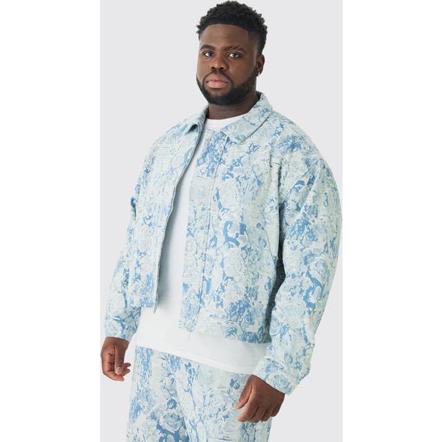 Plus Oversized Fit Fabric Interest Denim Jacket - Blue - XXL