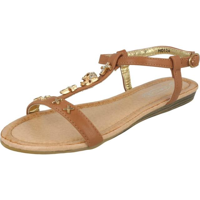 (UK 1 Child, Tan (Brown)) Girls Spot On Casual T-bar Sandals With Skull And Cross Detail