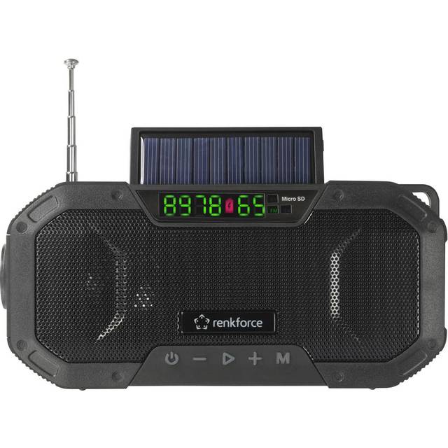 Renkforce RF-CR-300 Utomhusradio FM, AM Nödradio, Bluetooth, SD uppladdningsbart, Solcellspanel, Handvev, Ficklampa Svart