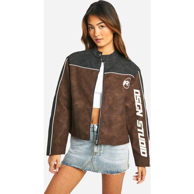 Womens Embroidered Fitted Vintage Look Faux Leather Moto Jacket - Brown - 12