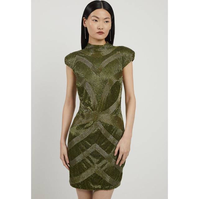 Beaded Embellished Woven Mini Dress - Khaki/Green