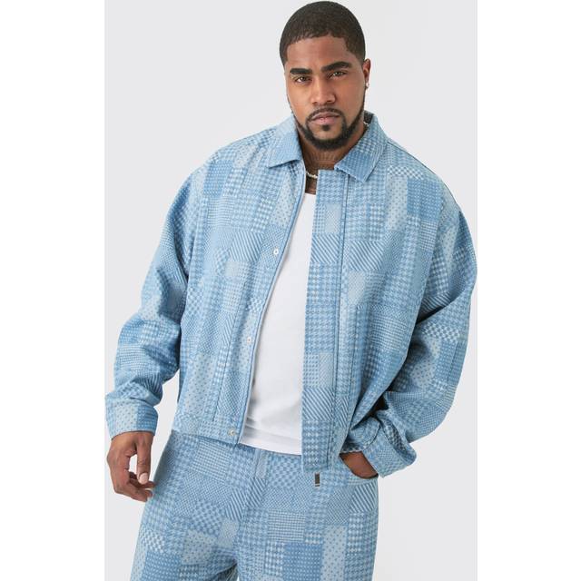 Mens Light Blue Plus Oversized Fit Fabric Interest Denim Jacket