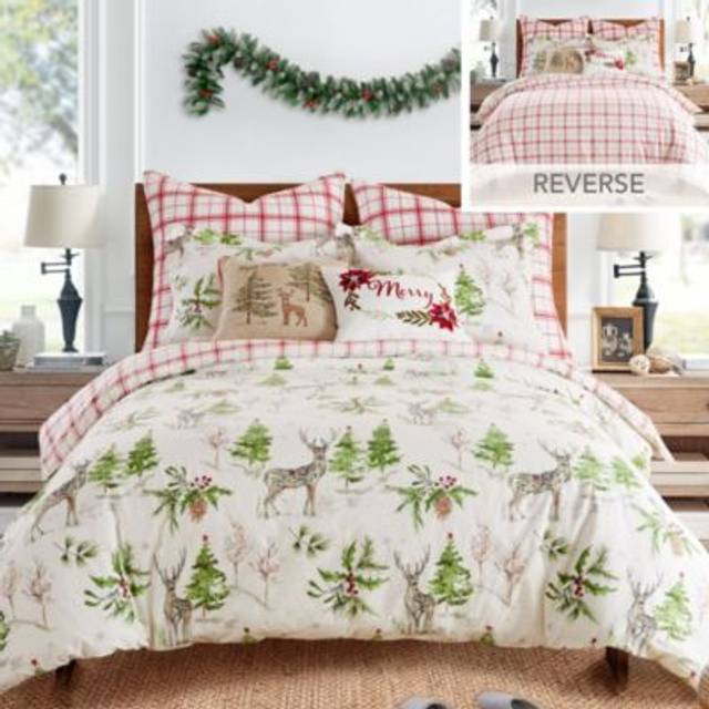 Levtex Home - Sleigh Bells Duvet Cover Set - Twin Holiday Duvet Cover 68x88 and One Standard Pillow Cases 20x26 - Christmas Tree and Reindee