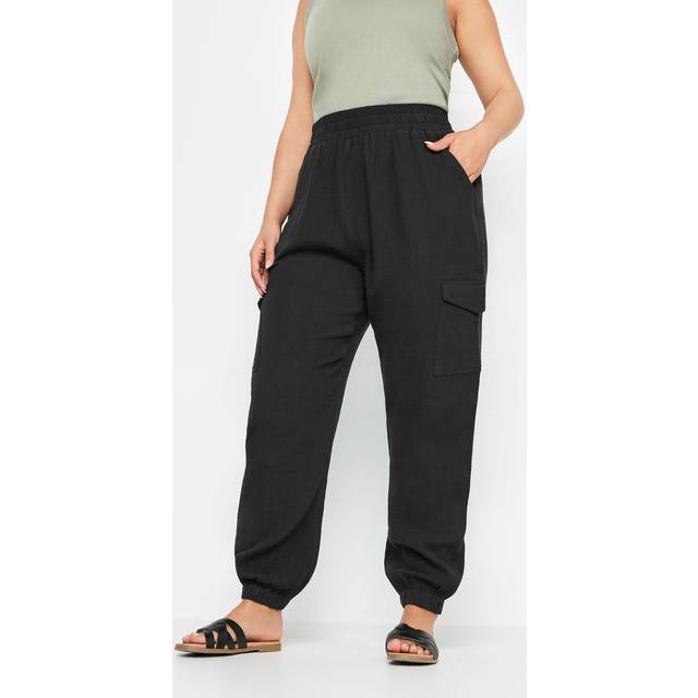 Yours Curve Sage Black Cheesecloth Cuffed Joggers, Women's Curve & Plus Size, Yours - 24