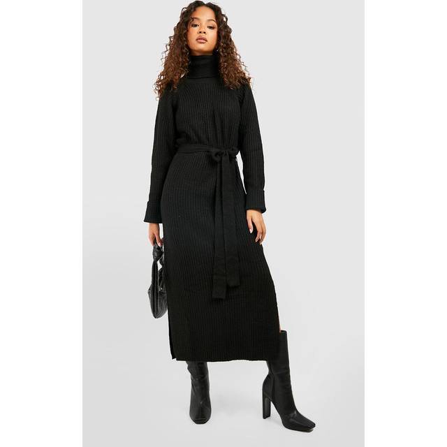 Womens Roll Neck Belted Knitted Midaxi Dress - Black - S, Black