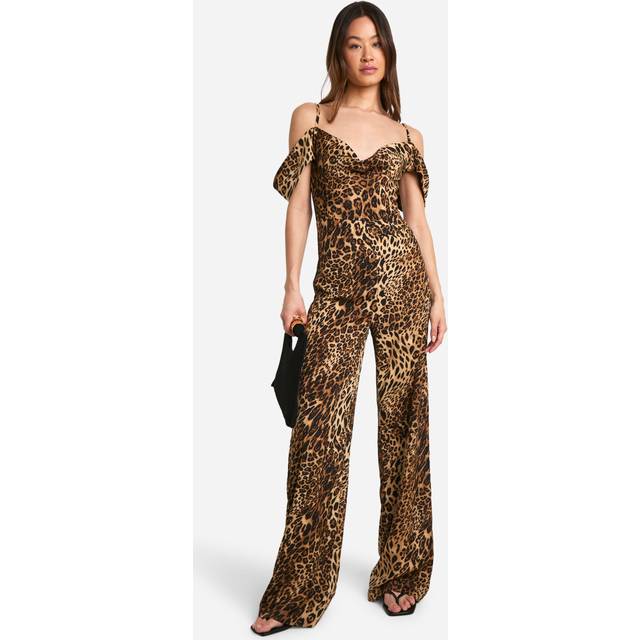 Womens Tall Leopard Cowl Front Wide Leg Jumpsuit - Beige - 6, Beige