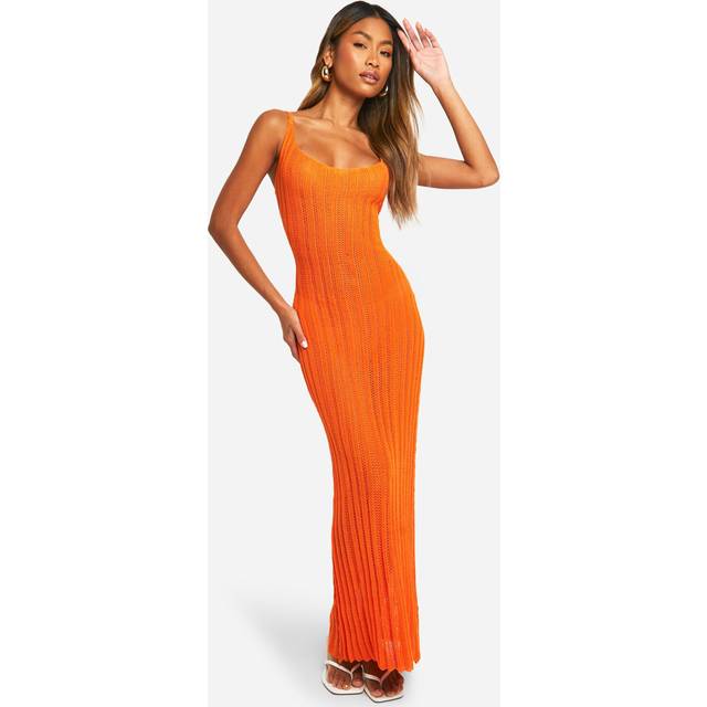 Womens Crochet Ladder Cowl Neck Knitted Maxi Dress - Orange - 16, Orange