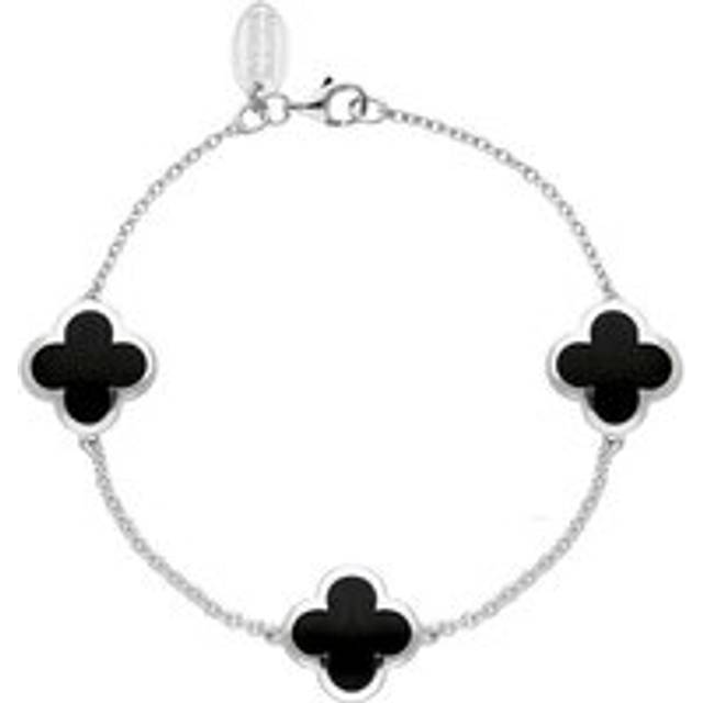 Sterling Silver Whitby Jet Bloom Four Leaf Clover Chain Bracelet