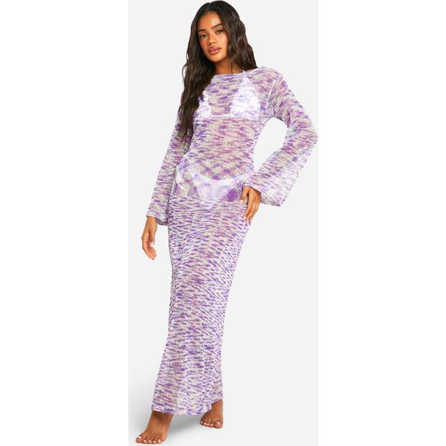 Womens Multi Popcorn Crochet Open Back Beach Maxi Dress - Purple - L
