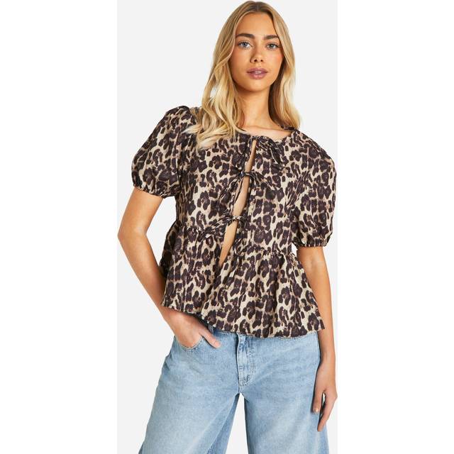 Womens Leopard Puff Sleeve Bow Tie Blouse - Brown - 14