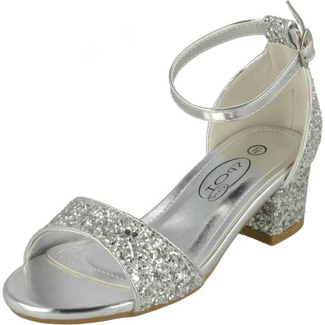(Silver, UK 13 Child) Girls Spot On Mid Heel Glitter Sandals H1107