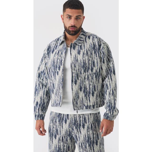 Plus Oversized Fit Fabric Interest Denim Jacket - Blue - XXXL