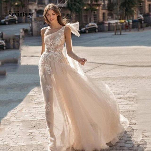 (Picture Color) sevintage Berta Bohemian Wedding Dresses Boho Lace Appliqued Wedding Gowns One Shoulder Beach Bridal Gown Vestido De Novia