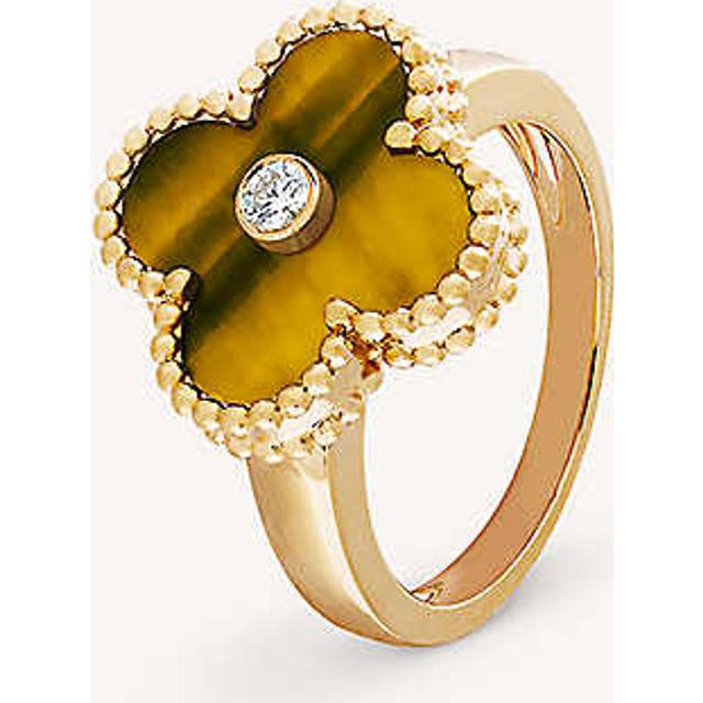 Van Cleef & Arpels Vintage Alhambra Yellow Gold, Tiger's Eye and 0.06ct Round-Cut Diamond Ring