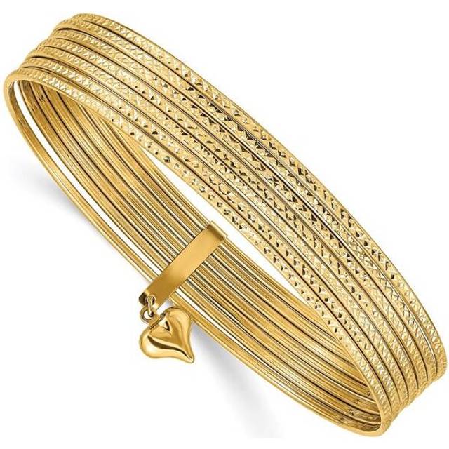 Quality Gold DB534 14K Yellow Gold with Dangle Heart Slip-On Textured Bangle Bracelet - Set of 7