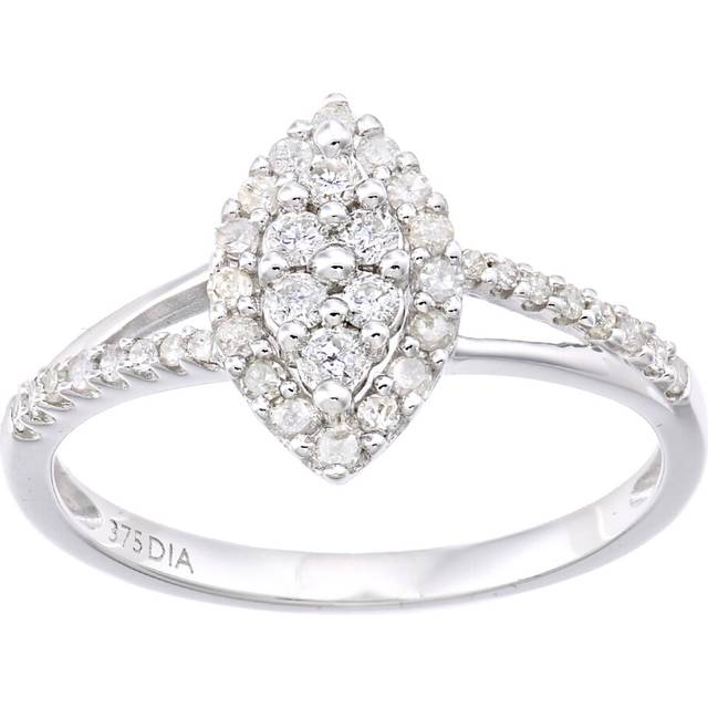 (J) Jewelco London 9ct White Gold Women Round Diamond Engagement Halo Ring