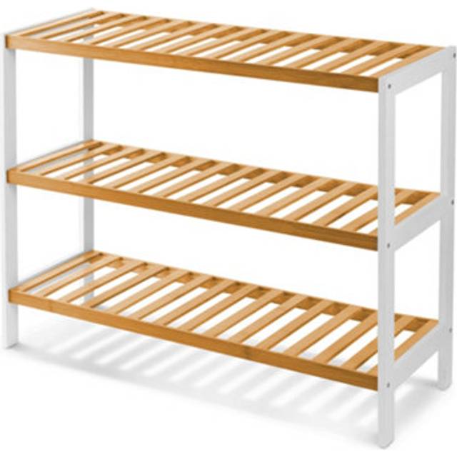 KEPLIN 3 Tier Natural & White Bamboo Shoe Rack Easy Assembly