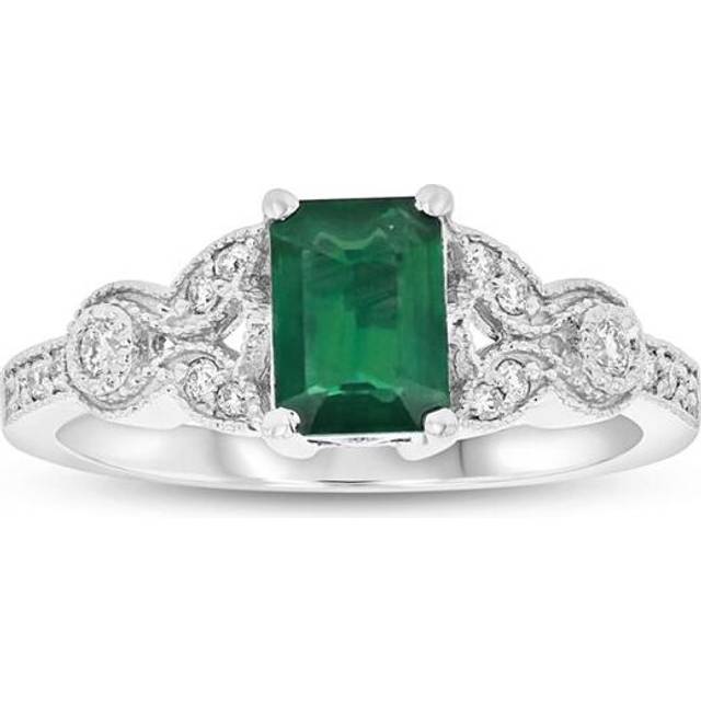 1.05 CTW Diamond & Emerald Engagement Ring, 14K White Gold - Size 7.5