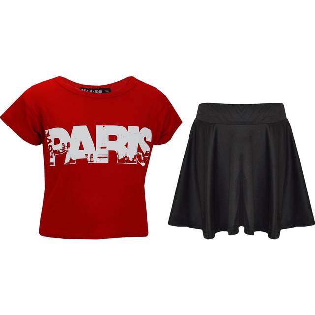 (7-8 Years, Paris Top & Skirt Set) Kids Girls Comic Graffiti Leopard #SELFIE Crop Top & Fashion Skater Skirt Set