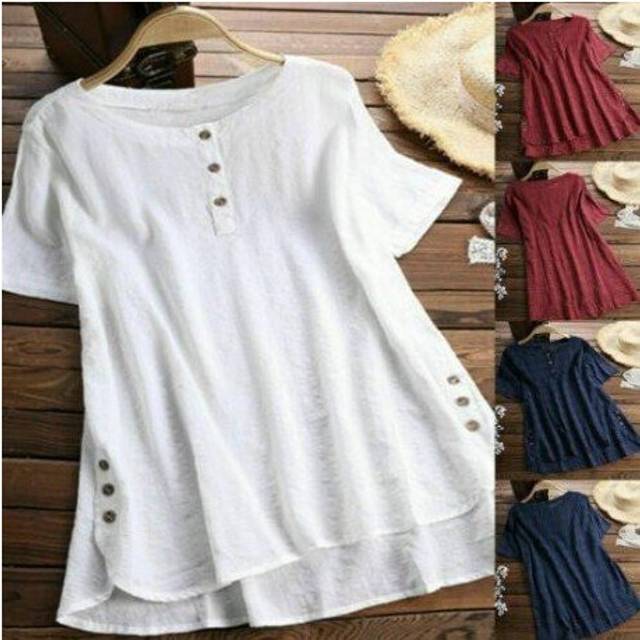 (L, Red) Women Summer Short Sleeve Blouse Woman Ladies Cotton Linen Blouse Female Casual Shirts Tops Blusa Feminina Plus Size S-5XL