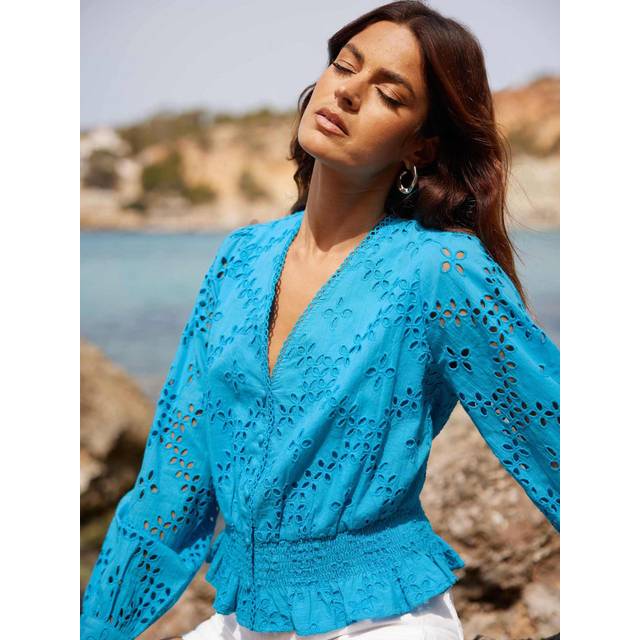 Ro&Zo Womens Blue Broderie Shirred Waist Top - Size 14 UK