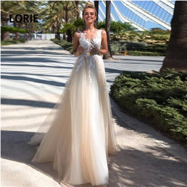 (Picture Color) LORIE Boho Wedding Dress Lace Appliques Tulle A-Line Wedding Dress V-neck Sleeveless Princess Bride Dress Vestido De Noiva