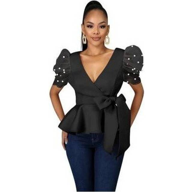 (L, 3984 2) fashion new puff sleeve beading short sleeve women tops shirts blouses deep v neck bow sashes blouses