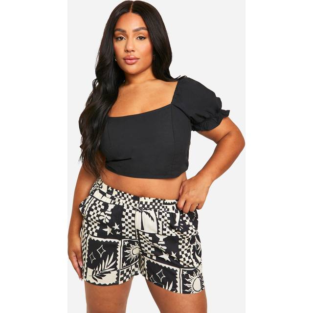 Womens Plus Linen Look Printed Short - Black - 28, Black