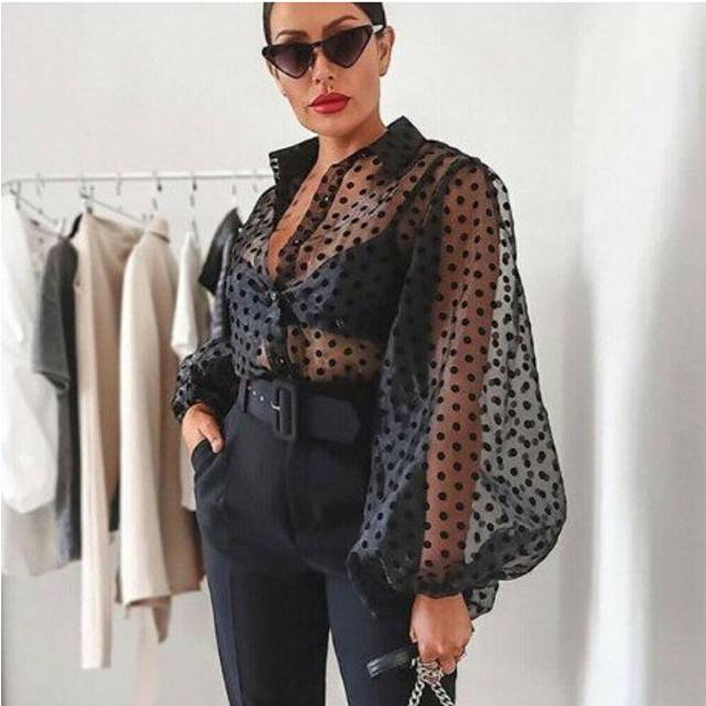 (M, Black B) Women Polka Dot Retro Blouse Lady Early Autumn Modern Mesh Shirt Vogue See-through Loose Button  Puff Sleeve Blouse High Street