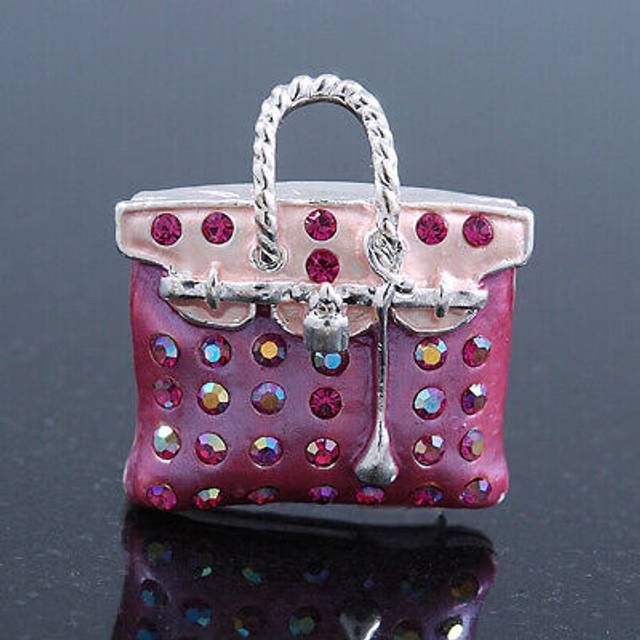 Pink crystal designer bag brooch (silver tone) - 30mm length
