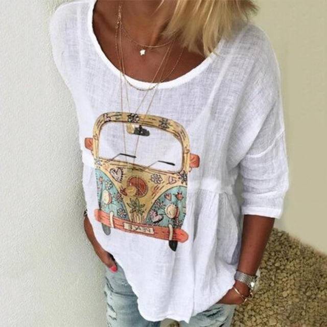 (L, Gray) Cartoon Car Print Women's Blouse Casual O-Neck Long Sleeve Womens Tops And Blouses Summer Plus Size Loose Tunic Thin Shirt 5XL