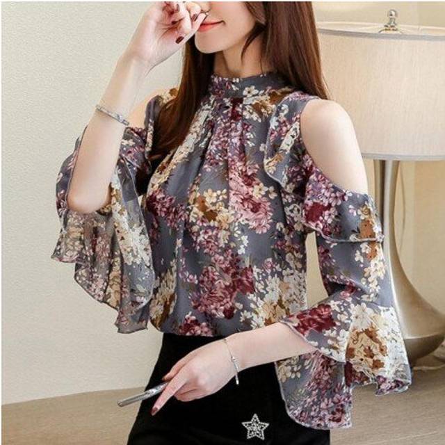 (S, Pink) Blouse women 2019 ladies tops floral chiffon blouse for women tops Ruffles Stand Butterfly Sleeve blusas Hollow plus szie 0325