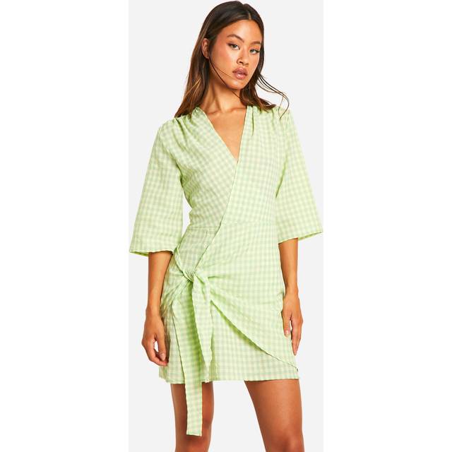Womens Tall Textured Gingham Wrap Dress - Green - 8, Green