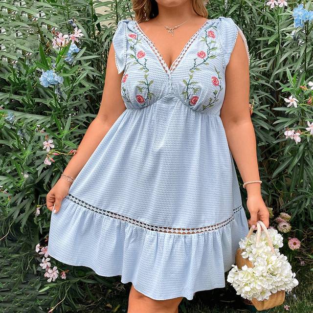 Sunnyshic Plus Size Floral Pattern Dress With Ruffle Hem