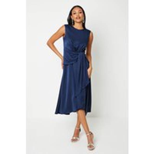 Sash Front Drape Skirt Satin Midi Dress - Navy - 8